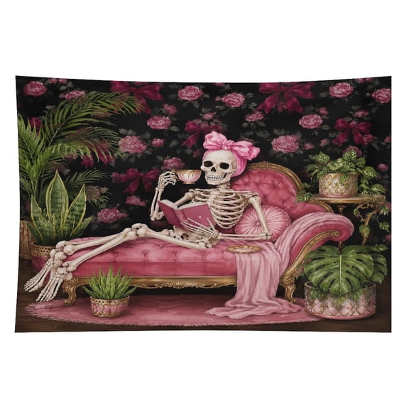 RKSupls Skeleton Tea Party Roses Pink Polyester Wall Tapestry Anti Wrinkle Art Hanging Decor for Bedroom Living Room Home Holiday Decoration Gift