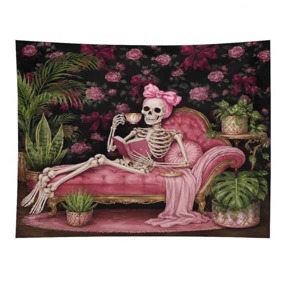 RKSupls Skeleton Tea Party Roses Pink Polyester Wall Tapestry Anti Wrinkle Art Hanging Decor for Bedroom Living Room Home Holiday Decoration Gift