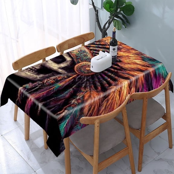 RKSupls Skull Feather Headdress Rectangle Dining Tablecloth, Washable Wipeable Stain & Wrinkle Resistant Polyester Tablecloth for Kitchen Picnic Party