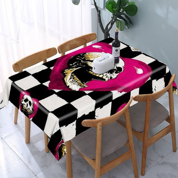 RKSupls Skull Heart Checkered Rectangle Dining Tablecloth, Washable Wipeable Stain & Wrinkle Resistant Polyester Tablecloth for Kitchen Picnic Party
