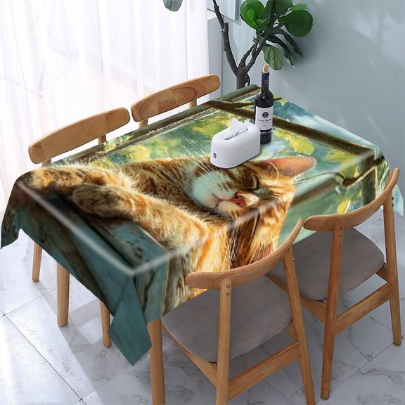 RKSupls Sleeping Cat Windowsill Rectangle Dining Tablecloth, Washable Wipeable Stain & Wrinkle Resistant Polyester Tablecloth for Kitchen Picnic Party