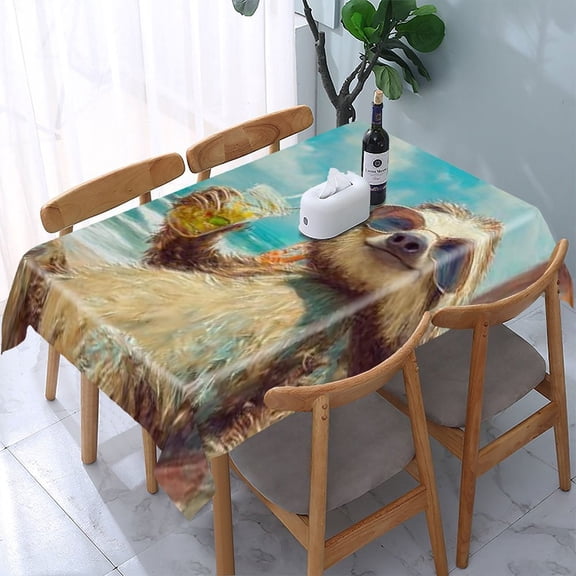 RKSupls Sloth Beach Drink Rectangle Dining Tablecloth, Washable Wipeable Stain & Wrinkle Resistant Polyester Tablecloth for Kitchen Picnic Party