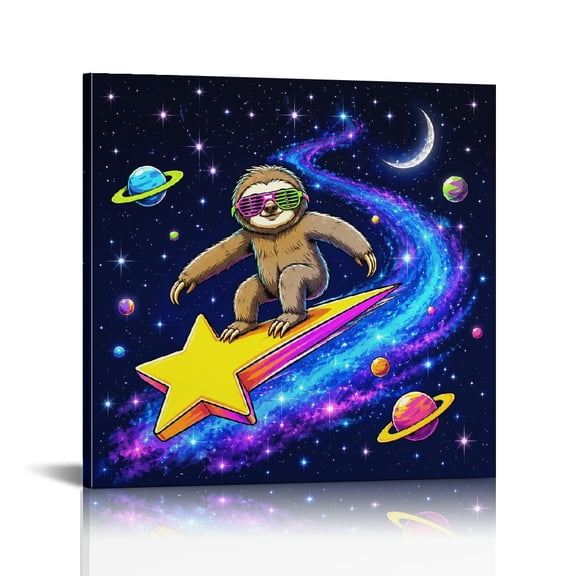 RKSupls Sloth Surfing on Star in Galaxy Neon Space Art Modern Wall Decor, Wall Art Canvas Print, Bathroom Wall Art Bathroom Bedroom Kitchen Dining room Wall Decor Prints