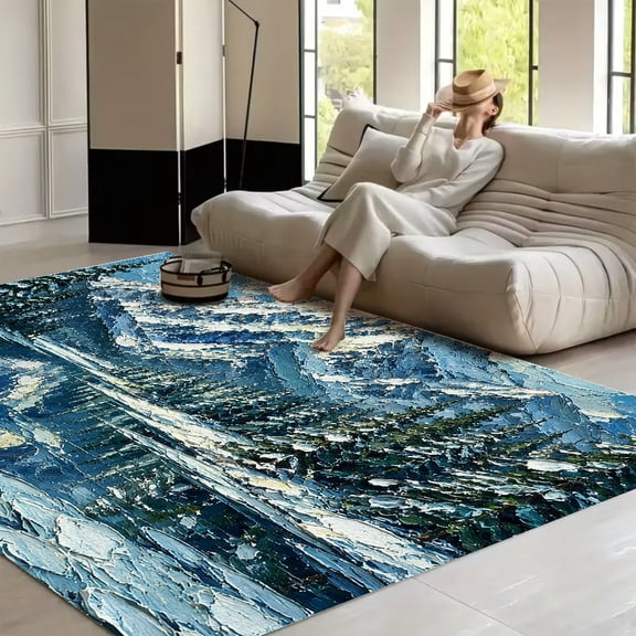 RKSupls 4x3ft Snow Mountain Frozen Lake Oil Soft Fluffy Velvet Area Rug for Living Room Bedroom, Non-Slip Washable Carpet, Chic Minimalist Home Decor