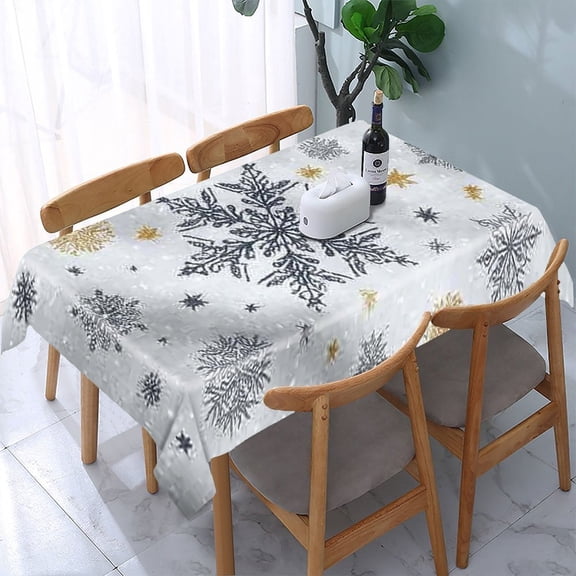 RKSupls Snowflake Silver Gold Rectangle Dining Tablecloth, Washable Wipeable Stain & Wrinkle Resistant Polyester Tablecloth for Kitchen Picnic Party