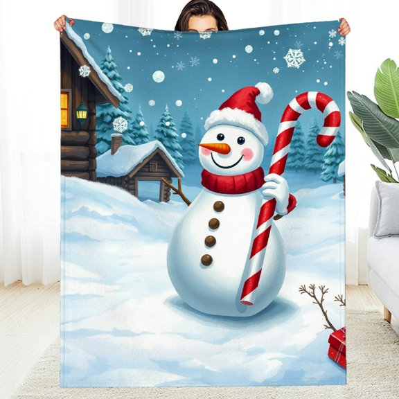 RKSupls Snowman Candy Cane Soft Flannel Throw Blanket, Lightweight Fuzzy Warm Cozy Blanket for Couch Bed Home Travel Decor