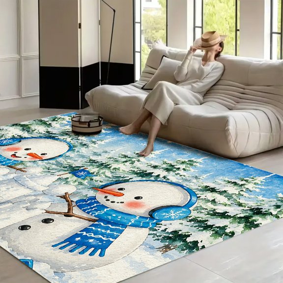 RKSupls Snowmen Building Snow Castle Scene Soft Fluffy Velvet Area Rug for Living Room Bedroom, Non-Slip Washable Carpet, Chic Minimalist Home Decor