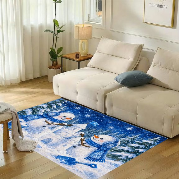 RKSupls Snowmen Building Snow Castle Winter Soft Flannel Area Rug 71x47 Inch Non-Slip Floor Mat for Living Room Bedroom, Warm Fuzzy Carpet for Winter Holiday Decor
