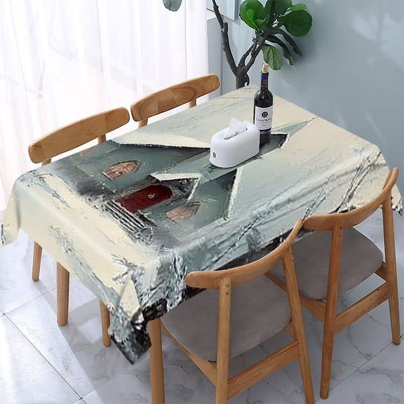 RKSupls Snowy Church Winter Rectangle Dining Tablecloth, Washable Wipeable Stain & Wrinkle Resistant Polyester Tablecloth for Kitchen Picnic Party