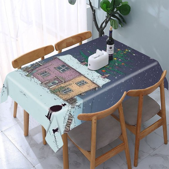 RKSupls Snowy House Moon Night Rectangle Dining Tablecloth, Washable Wipeable Stain & Wrinkle Resistant Polyester Tablecloth for Kitchen Picnic Party