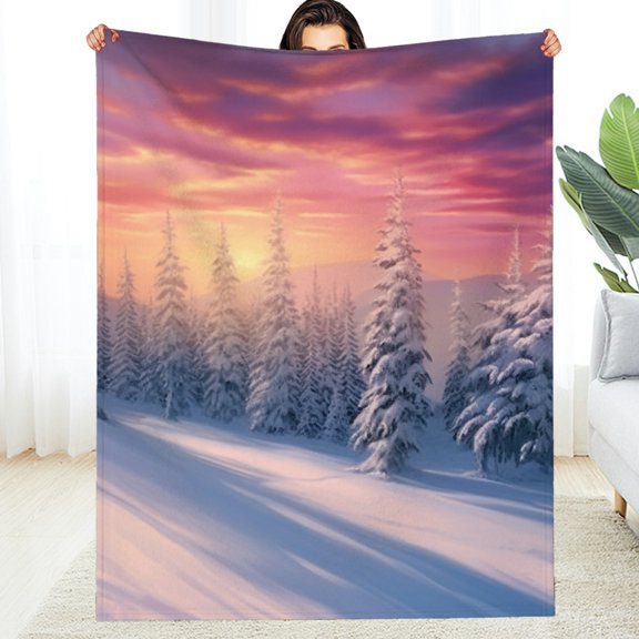 RKSupls Snowy Landscape Sunset Trees Winter Soft Flannel Fleece Blanket, Machine Washable Reversible  All-Season Blanket , Soft Throw for Couch, Travel, Camping  Home Decor