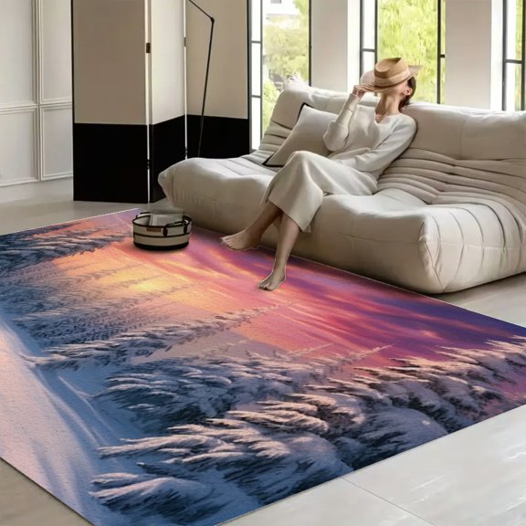 RKSupls Snowy Landscape Sunset Trees Winter Soft Fluffy Velvet Area Rug for Living Room Bedroom, Non-Slip Washable Carpet, Modern Minimalist Home Decor Floor Mat
