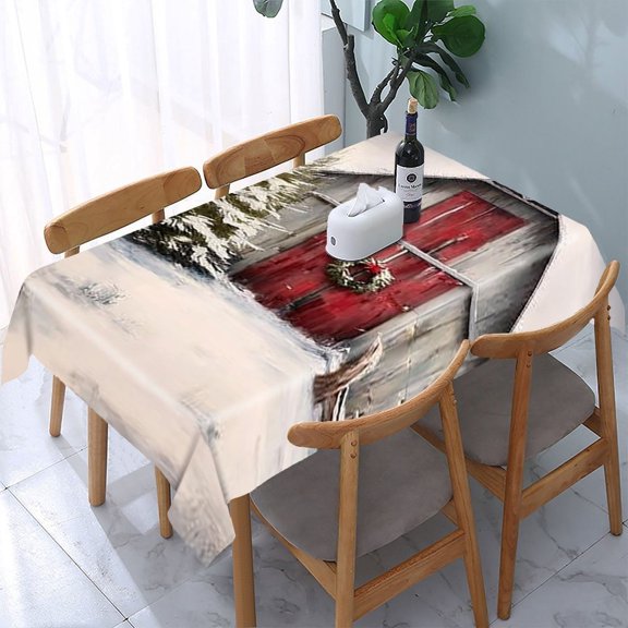 RKSupls Snowy Red Barn Winter Rectangle Dining Tablecloth, Washable Wipeable Stain & Wrinkle Resistant Polyester Tablecloth for Kitchen Picnic Party