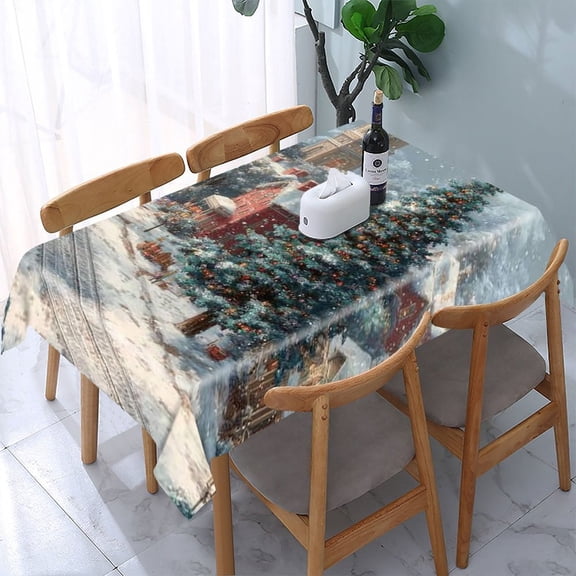 RKSupls Snowy Village Christmas Tree Rectangle Dining Tablecloth, Washable Wipeable Stain & Wrinkle Resistant Polyester Tablecloth for Kitchen Picnic Party