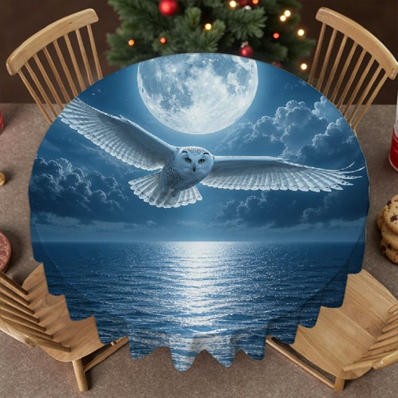 RKSupls Soft Family Round Table Cover - snowy owl moon night ocean wildlife Print, Kitchen Accessories Machine-Made 60-Inch Round Tablecloth for Home Dining, Banquets