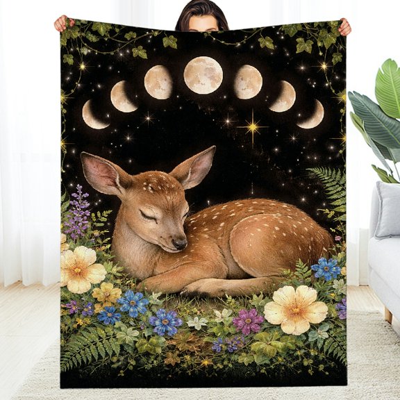 RKSupls Soft Flannel Fleece Blanket, Fawn Sleeping Among Flowers Moon Phases Fantasy Forest Fuzzy Bedding for the Couch - Machine Washable Machine Washable Soft Throw for Couch, Travel, Camping