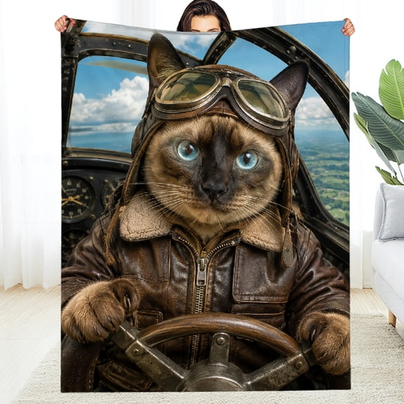 RKSupls Soft Flannel Fleece Blanket, Siamese Cat Pilot Vintage Plane Decorative Blanket - Reversible Tear-Resistant Soft Throw for Couch, Travel, Camping