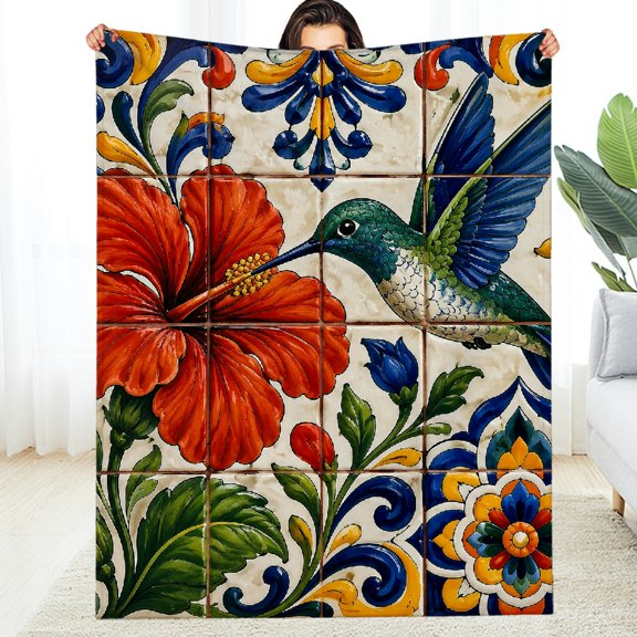 RKSupls Soft Flannel Fleece Blanket, Talavera Hummingbird Hibiscus Ceramic Tile Pattern  Fuzzy Bedding for the Couch - Tear-Resistant Soft Soft Throw for Couch, Travel, Camping