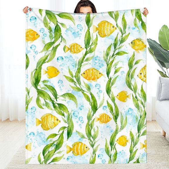 RKSupls Soft Flannel Fleece Blanket, Yellow Fish Swimming Through Seaweed Fuzzy Bedding for the Couch - Allergy Soft Soft Throw for Couch, Travel, Camping