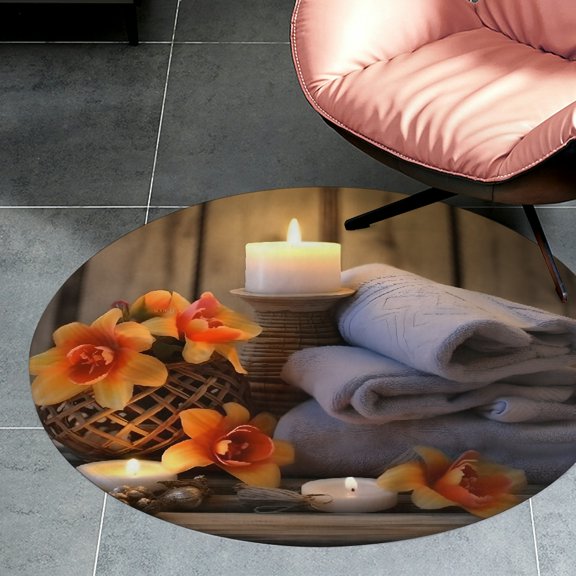 RKSupls Spa Towels Candle Orchid Round Flannel Floor Mat, Soft Non-Slip Washable Rug suitable for Living Room Bedroom Nursery, Decorative Floor Rug