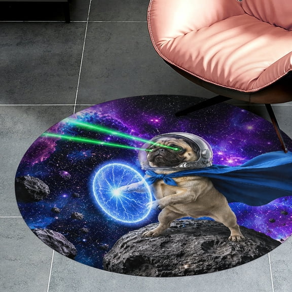 RKSupls Space Pug Superhero With Laser Eyes Round Flannel Floor Mat, Soft Non-Slip Washable Rug suitable for Living Room Bedroom Study, Decorative Floor Rug