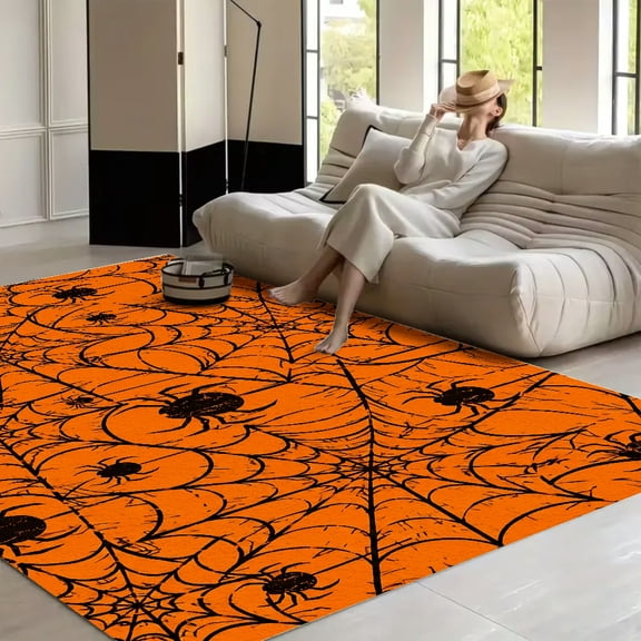 RKSupls Spider Web Halloween Pattern Soft Fluffy Velvet Area Rug for Living Room Bedroom, Non-Slip Washable Carpet, Modern Minimalist Home Decor Floor Mat