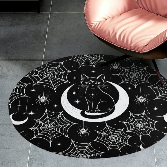 RKSupls Spider Web Moon Stars Pattern Black Round Flannel Floor Mat, Soft Non-Slip Washable Rug suitable for Living Room Bedroom Study, Decorative Floor Rug