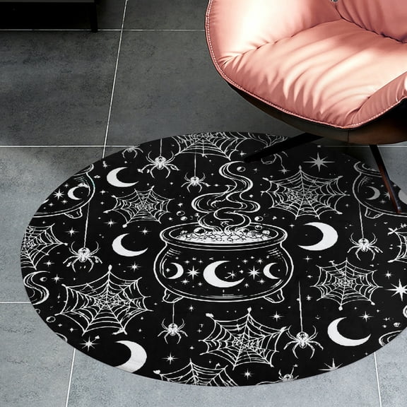 RKSupls Spider Web Moon Stars White Black Round Flannel Floor Mat, Soft Non-Slip Washable Rug suitable for Living Room Bedroom Study, Decorative Floor Rug