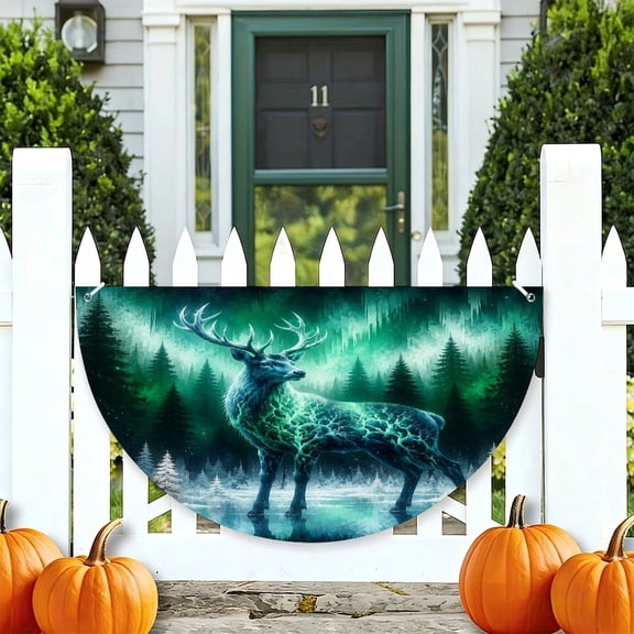 RKSupls Spirit Stag Winter Aurora Half Round Banner for Porch Fence Railing, Soccer Party Outdoor Hanging Decoration for Home Patio