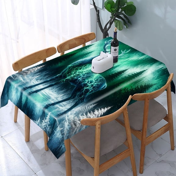 RKSupls Spirit Stag Winter Aurora Rectangle Dining Tablecloth, Washable Wipeable Stain & Wrinkle Resistant Polyester Tablecloth for Kitchen Picnic Party