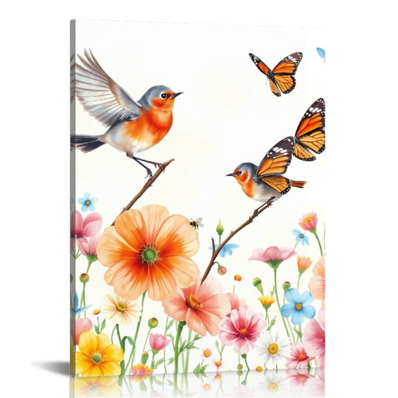 RKSupls Spring Bird Butterfly Floral Canvas Wall Art, Canvas Prints Wall Art for Living Room Bedroom Entryway Office, Art Print Painting for Home Decor