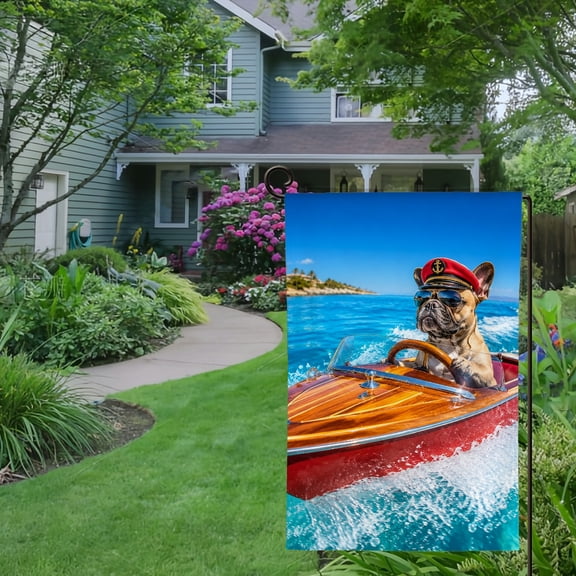 RKSupls Spring Summer Garden Flag Double Sided, Captain French Bulldog Boating Linen Welcome Yard House Outside Outdoor Decoration,12*18 inch