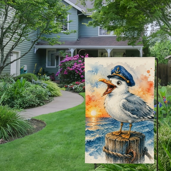 RKSupls Spring Summer Garden Flag Double Sided, Captain Seagull At Sunset Pier Linen Welcome Yard House Outside Outdoor Decoration,12*18 inch