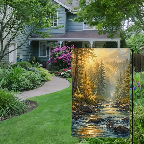 RKSupls Spring Summer Garden Flag Double Sided, Forest River Sunrise Landscape Linen Welcome Yard House Outside Outdoor Decoration,12*18 inch