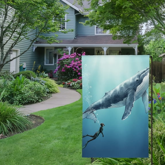 RKSupls Spring Summer Garden Flag Double Sided Giant Whale and Diver Welcome Yard House Outside Outdoor Decoration,12*18 inch