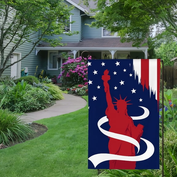 RKSupls Spring Summer Garden Flag Double Sided, Statue Of Liberty Red Ribbon Linen Welcome Yard House Outside Outdoor Decoration,12*18 inch