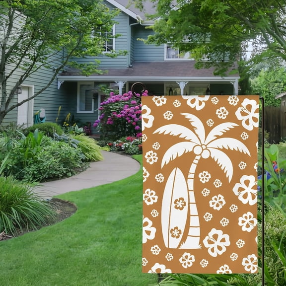 RKSupls Spring Summer Garden Flag Double Sided, Surfboard And Palm Tree Aloha Pattern Linen Welcome Yard House Outside Outdoor Decoration,12*18 inch
