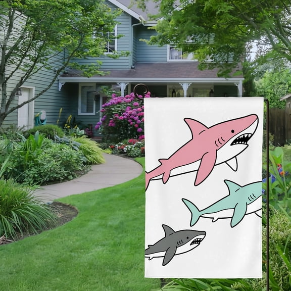 RKSupls Spring Summer Garden Flag Double Sided, Three Sharks Cartoon Linen Welcome Yard House Outside Outdoor Decoration,12*18 inch