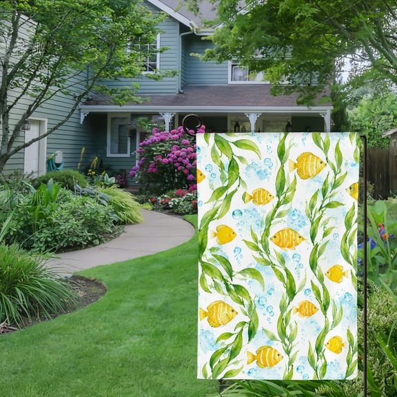 RKSupls Spring Summer Garden Flag Double Sided, Yellow Fish Swimming Through Seaweed Linen Welcome Yard House Outside Outdoor Decoration,12*18 inch
