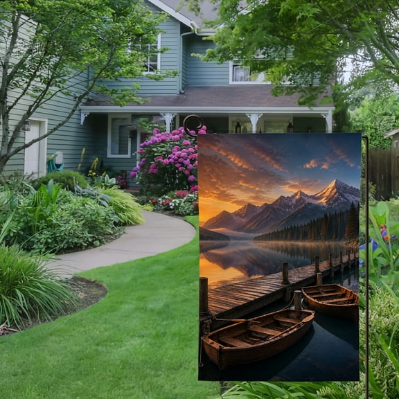 RKSupls Spring Summer Garden Flag Double Sided, mountain lake sunset boat dock reflection Linen Welcome Yard House Outside Outdoor Decoration,12*18 inch