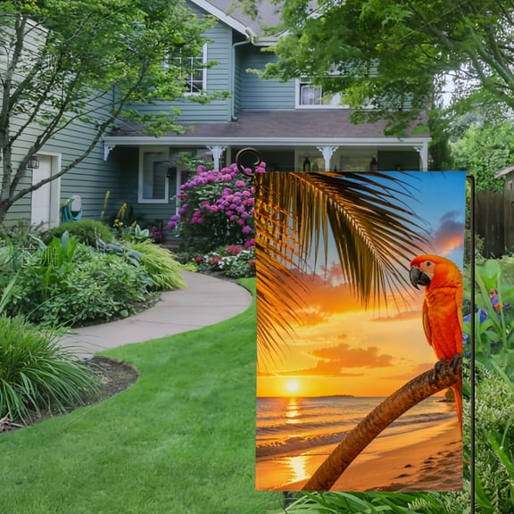 RKSupls Spring Summer Garden Flag Double Sided tropical parrot sunset beach palm summer nature ,Linen Welcome Yard House Outside Outdoor Decoration,12*18 inch