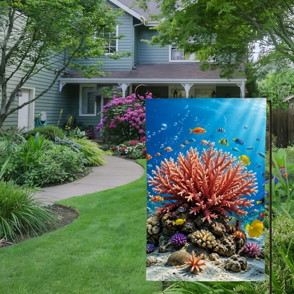 RKSupls Spring Summer Garden Flag Double Sided, underwater coral reef fish ocean marine life Linen Welcome Yard House Outside Outdoor Decoration,12*18 inch