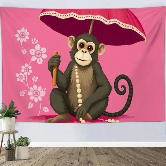 RKSupls Spring Tapestry Wall Art, Cute Monkey with Red Umbrella Hanging Tapestry Decoration for Happy New Year Bedroom, Living Room, Dorm, Apartment Hallway Home Decor,90*60in