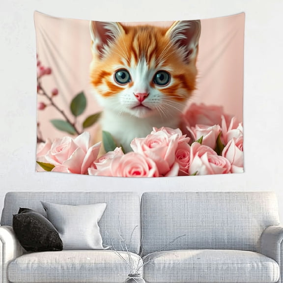 RKSupls Spring Tapestry Wall Art, Kitten in Pink Roses Hanging Tapestry Decoration for Happy New Year Bedroom, Living Room, Dorm, Apartment Hallway Home Decor,40*30in