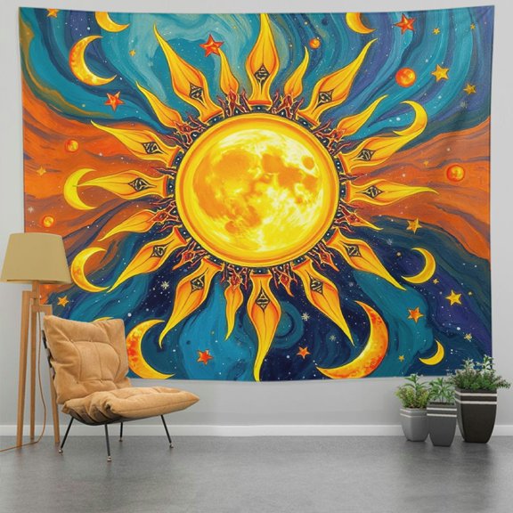 RKSupls Spring Tapestry Wall Art, Psychedelic Sun Moon and Stars Hanging Tapestry Decoration for Happy New Year Bedroom, Living Room, Dorm, Apartment Hallway Home Decor,60*50in