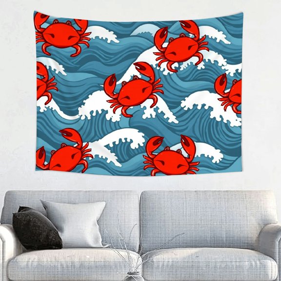 RKSupls Spring Tapestry Wall Art, Red Crabs in Ocean Waves Pattern Hanging Tapestry Decoration for Happy New Year Bedroom, Living Room, Dorm, Apartment Hallway Home Decor,40*30in