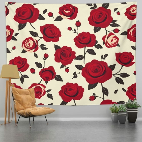 RKSupls Spring Tapestry Wall Art, Romantic Red Roses Hanging Tapestry Decoration for Happy New Year Bedroom, Living Room, Dorm, Apartment Hallway Home Decor,60*50in
