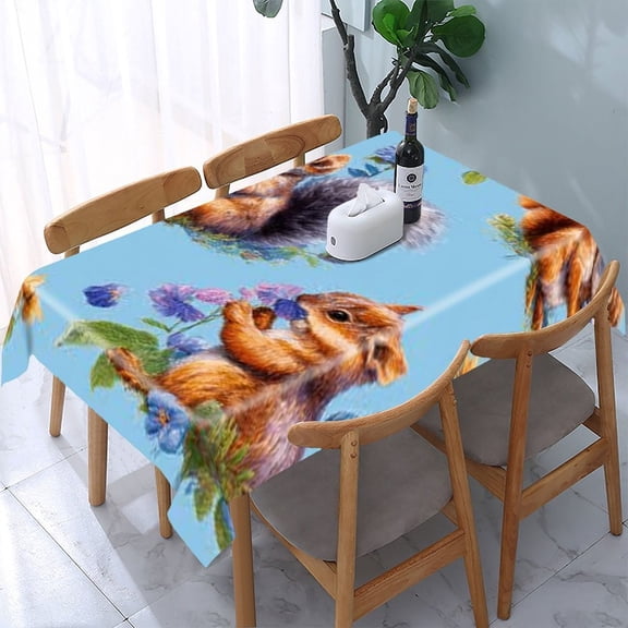 RKSupls Squirrel Flower Blue Rectangle Dining Tablecloth, Washable Wipeable Stain & Wrinkle Resistant Polyester Tablecloth for Kitchen Picnic Party