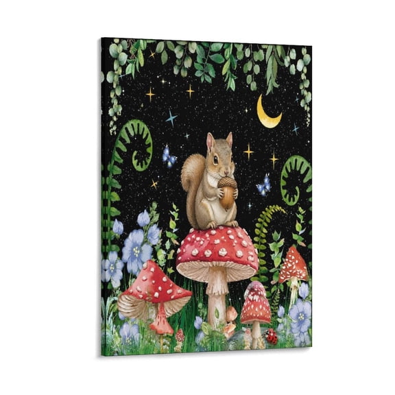 RKSupls Squirrel Mushroom Starry Night Forest Canvas Wall Art Framed Painting, Modern Home Decor Print for Living Room Bedroom Office Wall Decoration