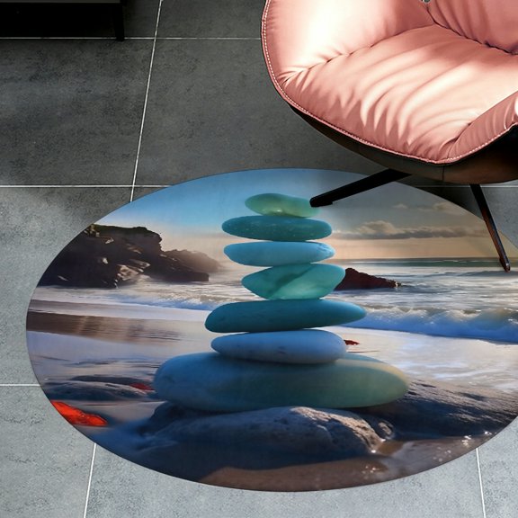 RKSupls Stacked Zen Stones Beach Sunset Round Flannel Floor Mat, Soft Non-Slip Washable Rug suitable for Living Room Bedroom Study, Decorative Floor Rug